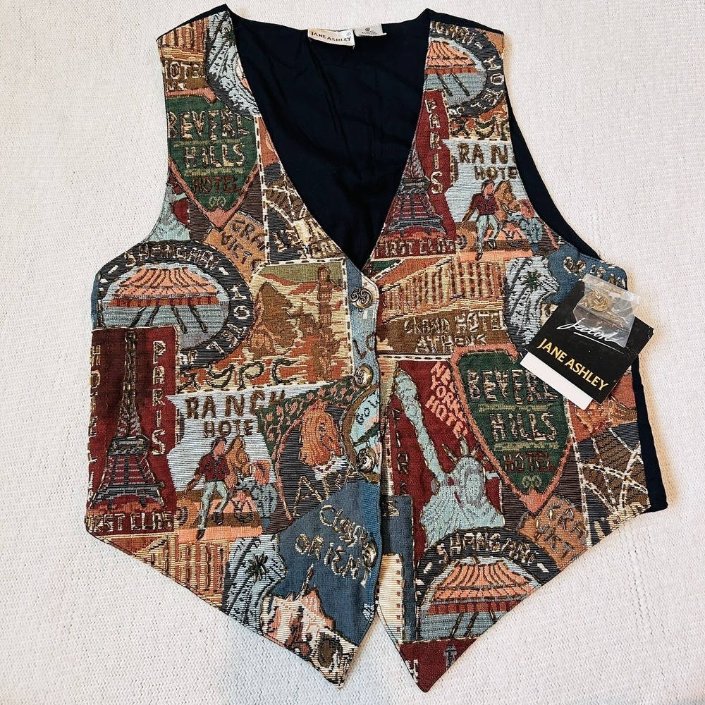 Vtg NWT Jane Ashley Vest Sz M Beaded Tapestry Travel Artsy Deadstock